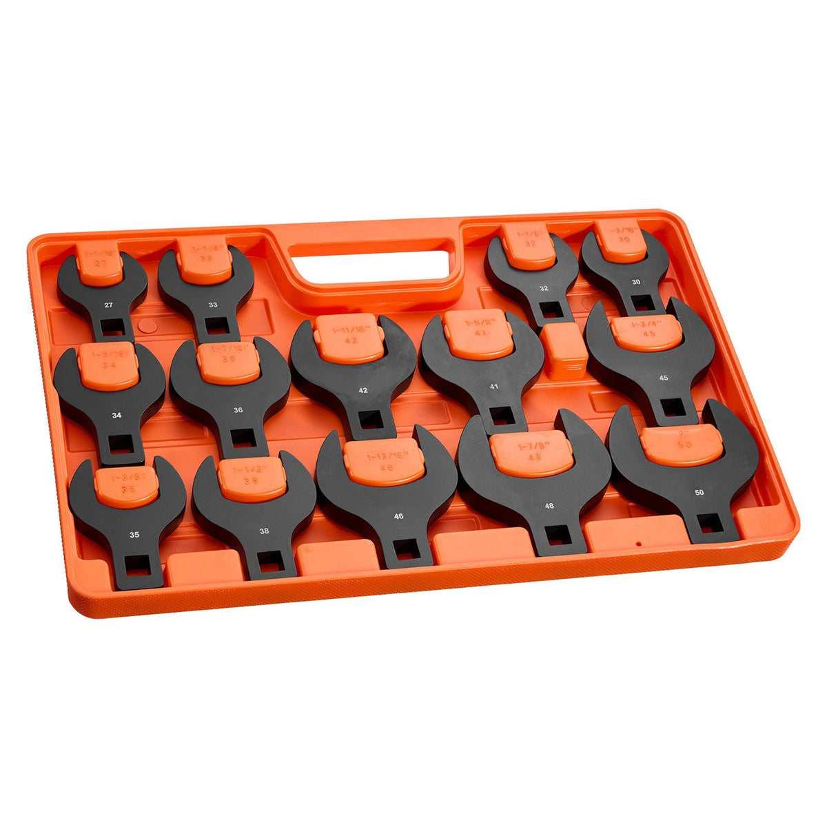 Crowfoot Wrench Set, 1/2" Drive, 14-Piece Metric 27 to 50 mm Crows Foot Wrenches, with Storage Tray, Dual Size Markings on Tools and Tray, for Auto Maintenance or Repairs