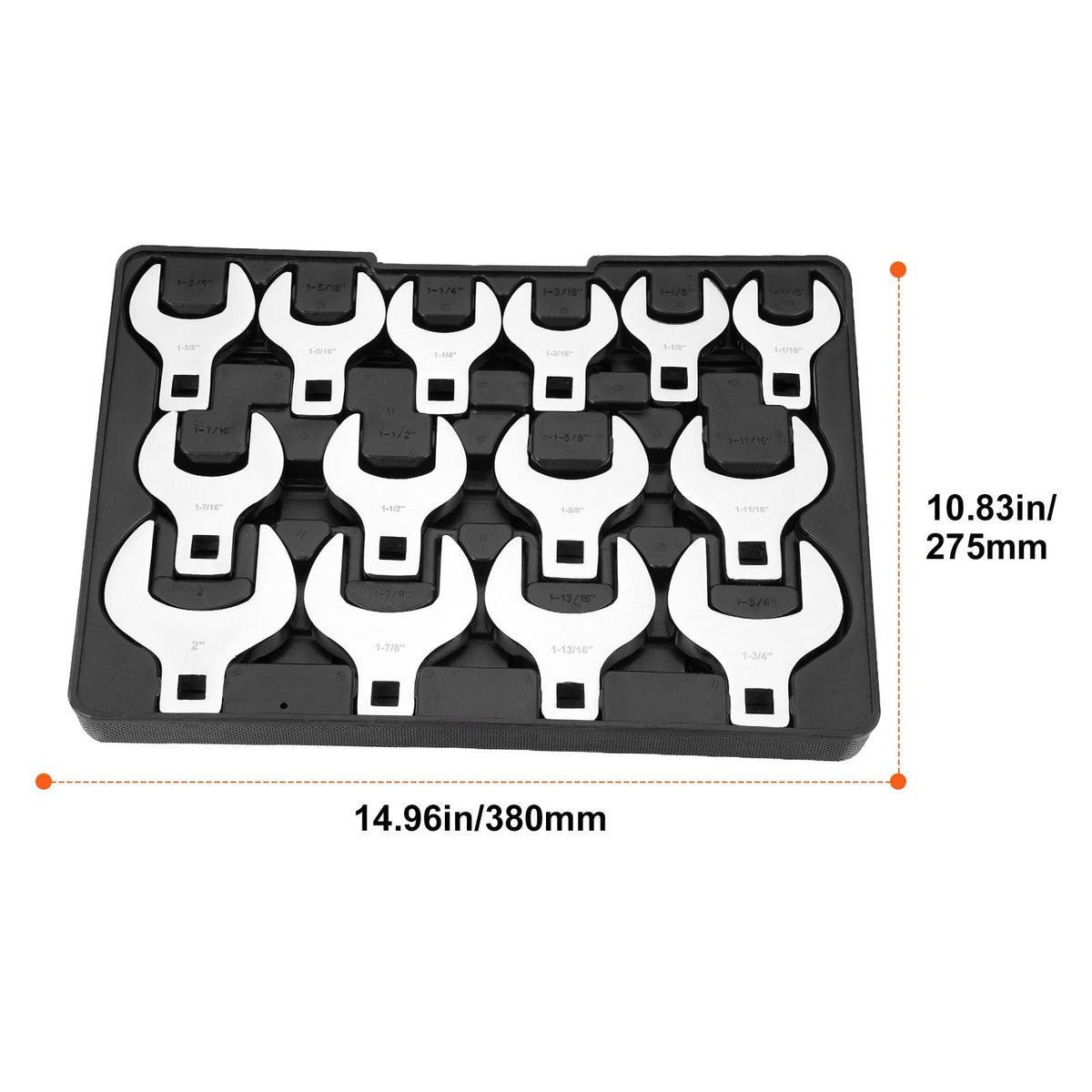Crowfoot Wrench Set, 1/2" Drive 14-Piece SAE (1-1/16" - 2") Crows Foot Wrench Set with Storage Tray, 40CR Material with Laser Etched Sizing, for Mechanical Maintenance or Repairs