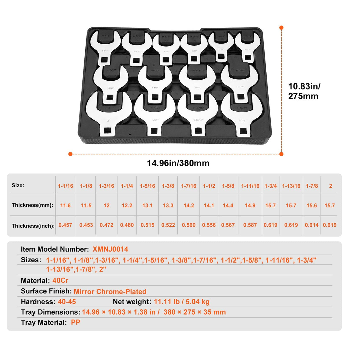 Crowfoot Wrench Set, 1/2" Drive 14-Piece SAE (1-1/16" - 2") Crows Foot Wrench Set with Storage Tray, 40CR Material with Laser Etched Sizing, for Mechanical Maintenance or Repairs