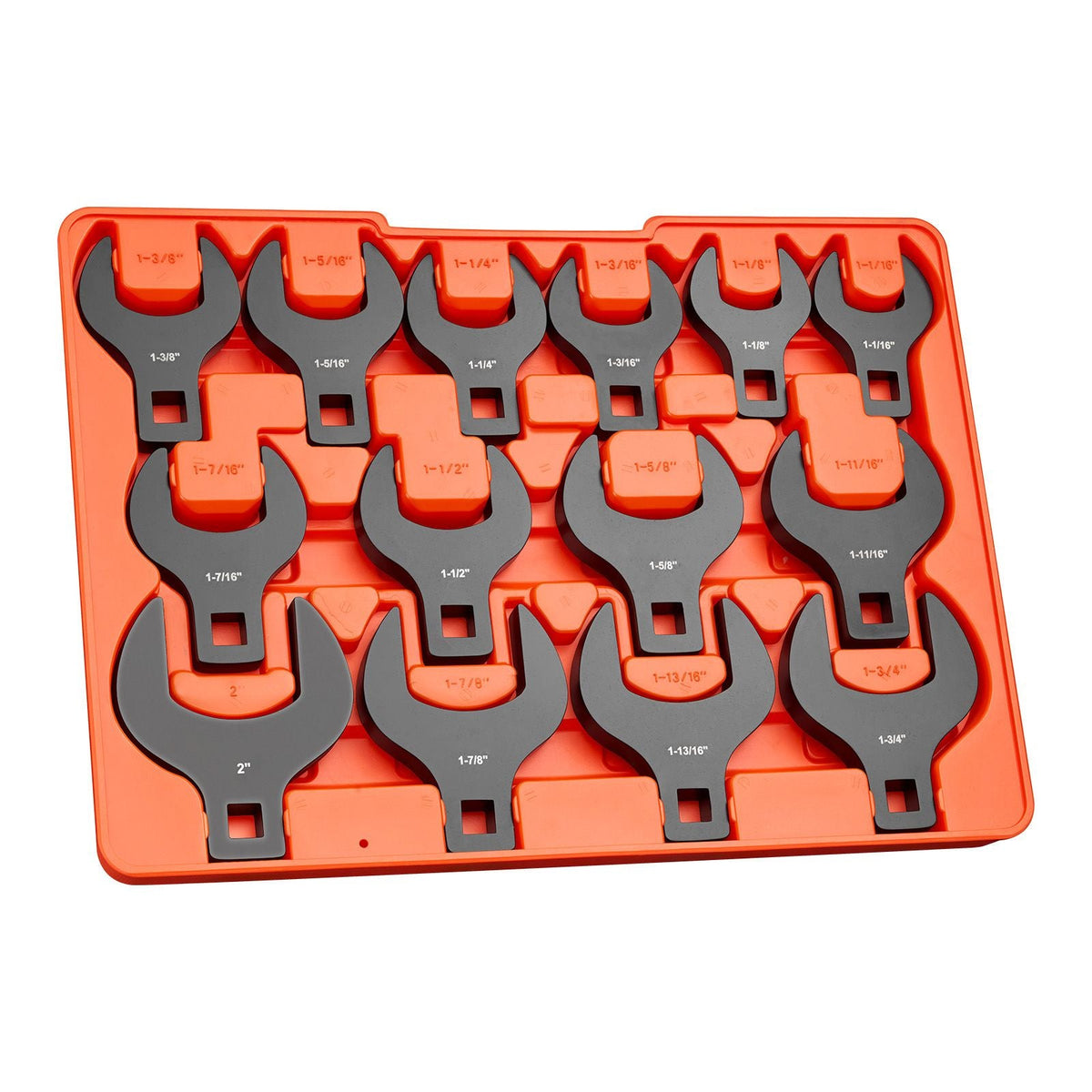 Crowfoot Wrench Set, 1/2" Drive, 14-Piece SAE 1-1/16" to 2" Crows Foot Wrenches, with Storage Tray, Dual Size Markings on Tools and Tray, for Auto Maintenance or Repairs