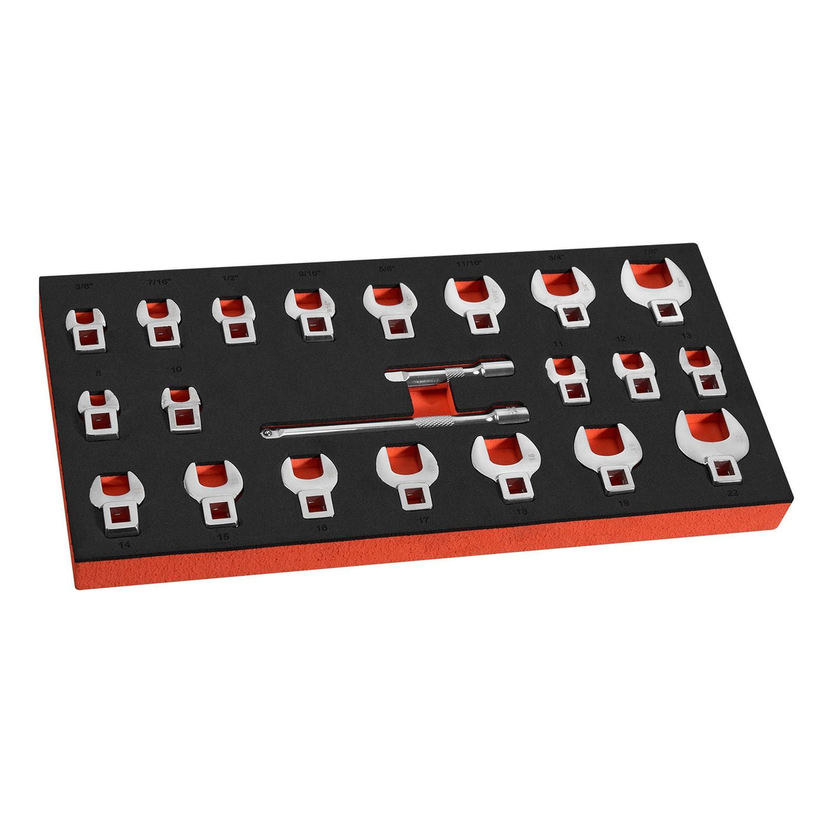 Crowfoot Wrench Set, 3/8" Drive, 22-Piece Metric and SAE Size Crows Foot Wrenches, Cr-Mo Alloy Steel, with Storage Tray, Dual Size Markings on Tools and Tray, for Auto Maintenance or Repairs