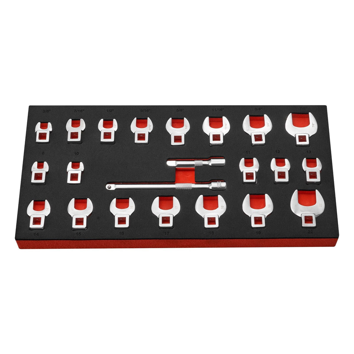 Crowfoot Wrench Set, 3/8" Drive, 22-Piece Metric and SAE Size Crows Foot Wrenches, Cr-Mo Alloy Steel, with Storage Tray, Dual Size Markings on Tools and Tray, for Auto Maintenance or Repairs