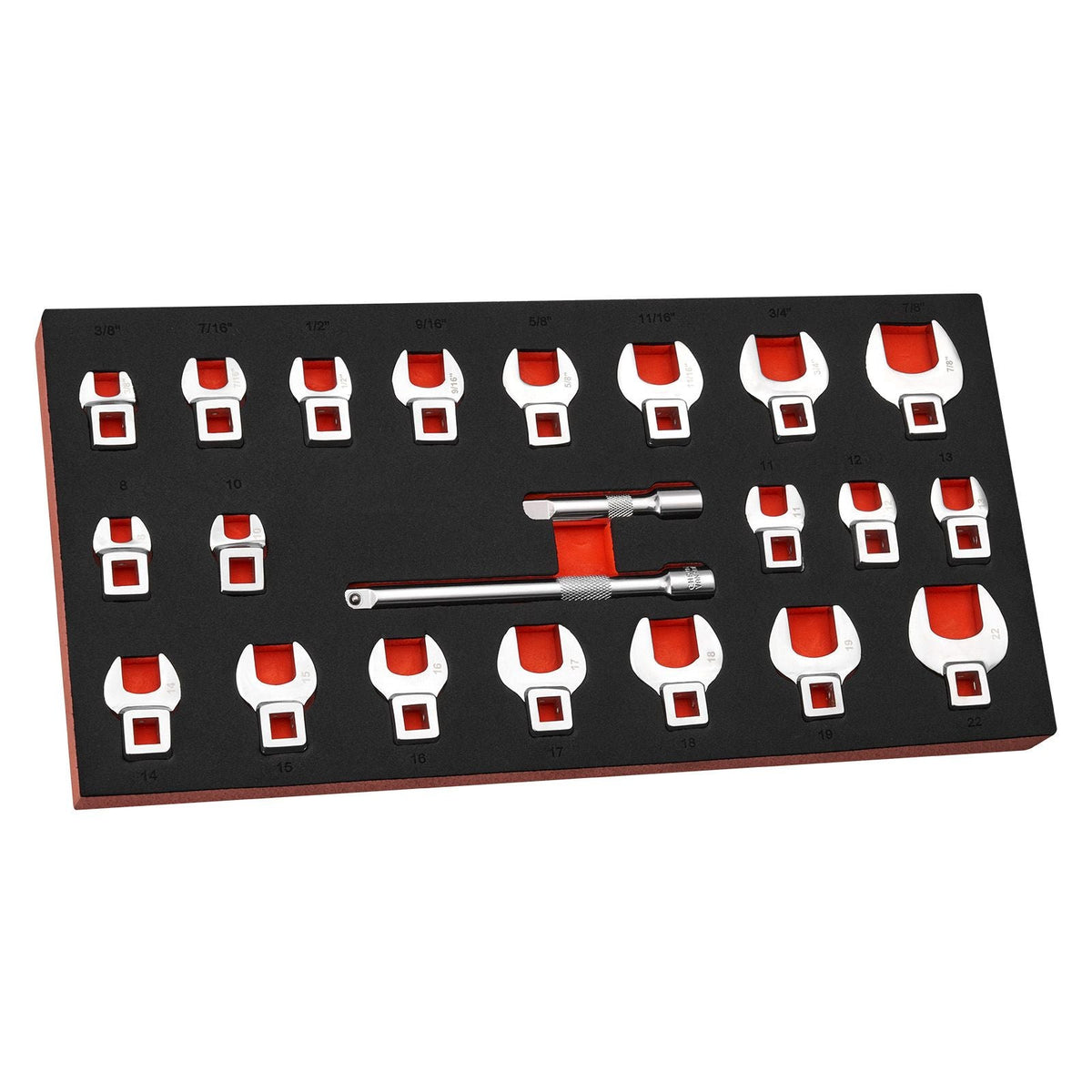 Crowfoot Wrench Set, 3/8" Drive, 22-Piece Metric and SAE Size Crows Foot Wrenches, Cr-Mo Alloy Steel, with Storage Tray, Dual Size Markings on Tools and Tray, for Auto Maintenance or Repairs