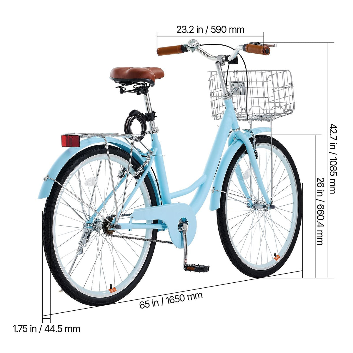 Cruiser Bike, 1-Speed, 26-Inch Light Blue Beach Cruiser Bike with Large Capacity Basket and Rear Rack, Secure & Sturdy Cruiser Bike with Adjustable Seat, Fits for Cycling, Exercise & Shopping