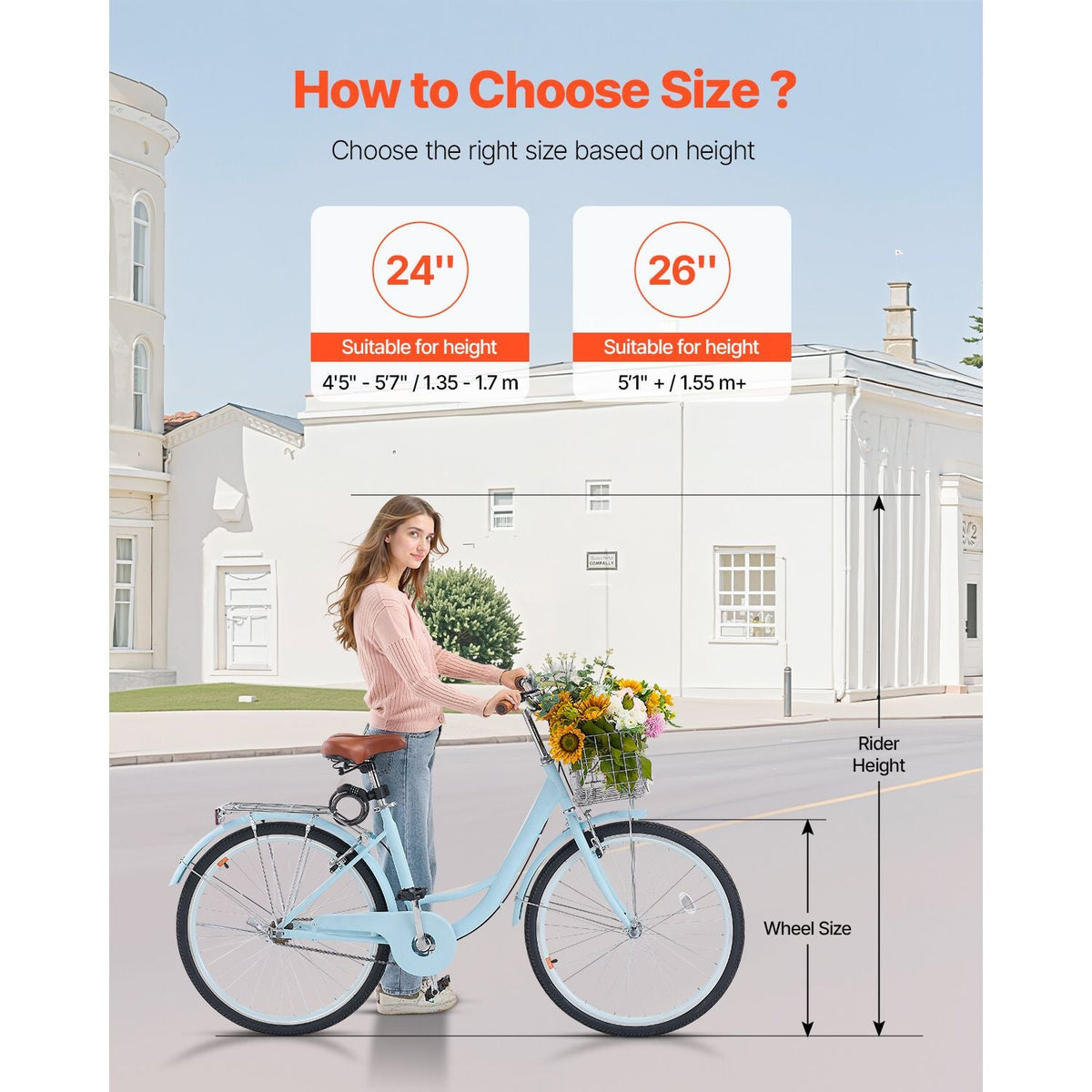 Cruiser Bike, 1-Speed, 26-Inch Light Blue Beach Cruiser Bike with Large Capacity Basket and Rear Rack, Secure & Sturdy Cruiser Bike with Adjustable Seat, Fits for Cycling, Exercise & Shopping