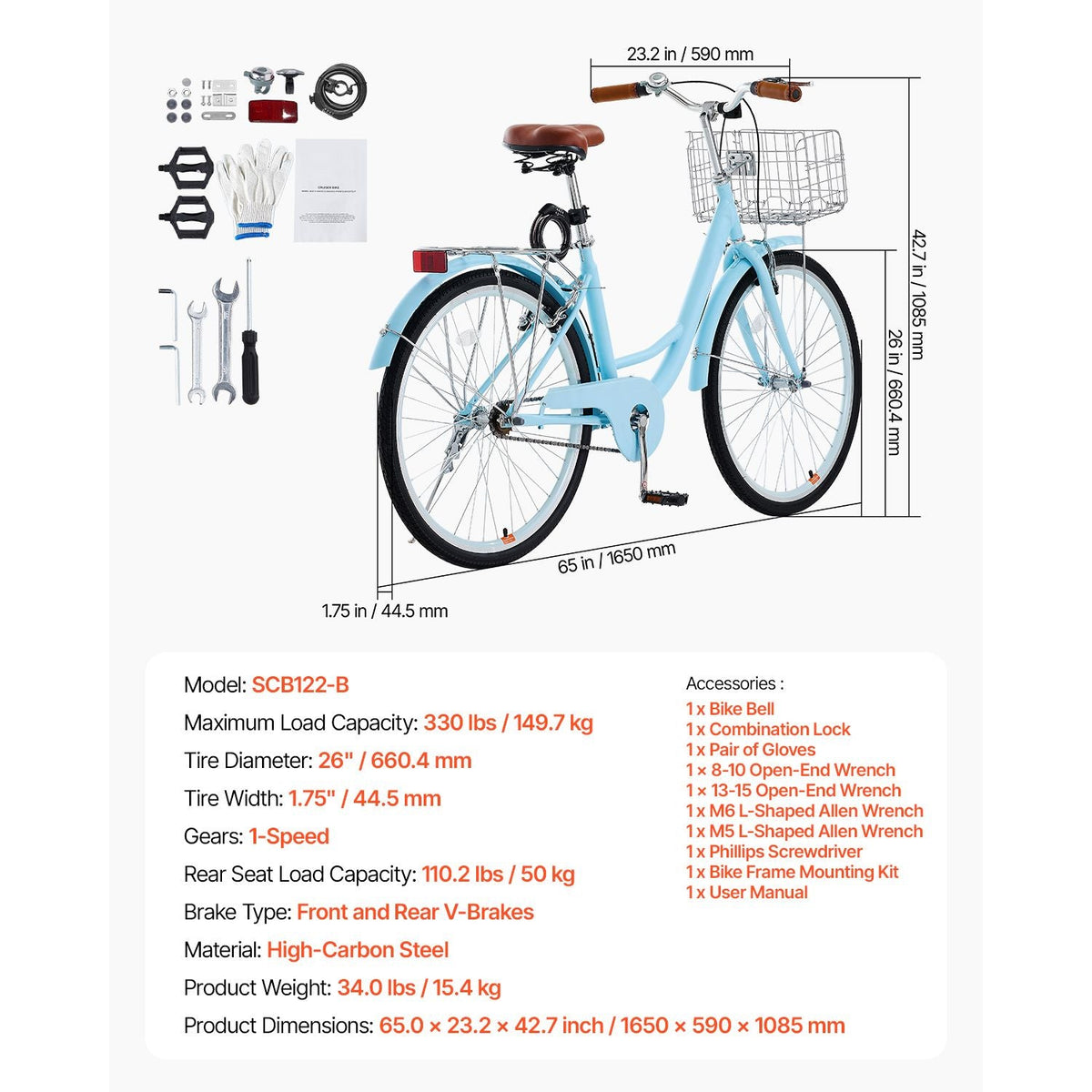 Cruiser Bike, 1-Speed, 26-Inch Light Blue Beach Cruiser Bike with Large Capacity Basket and Rear Rack, Secure & Sturdy Cruiser Bike with Adjustable Seat, Fits for Cycling, Exercise & Shopping