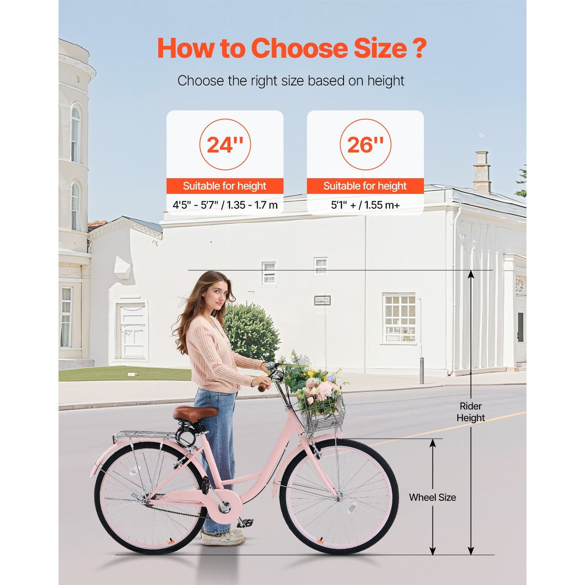 Cruiser Bike, 1-Speed, 26-Inch Pink Beach Cruiser Bike with Large Capacity Basket and Rear Rack, Secure & Sturdy Cruiser Bike with Adjustable Seat, Fits for Cycling, Exercise & Shopping