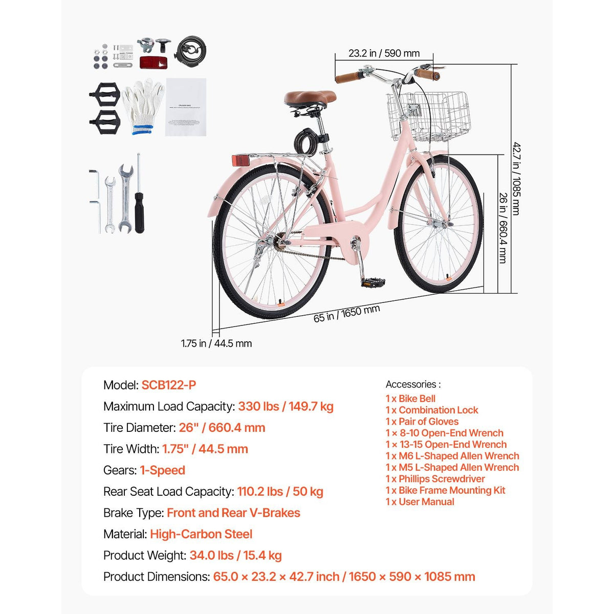 Cruiser Bike, 1-Speed, 26-Inch Pink Beach Cruiser Bike with Large Capacity Basket and Rear Rack, Secure & Sturdy Cruiser Bike with Adjustable Seat, Fits for Cycling, Exercise & Shopping