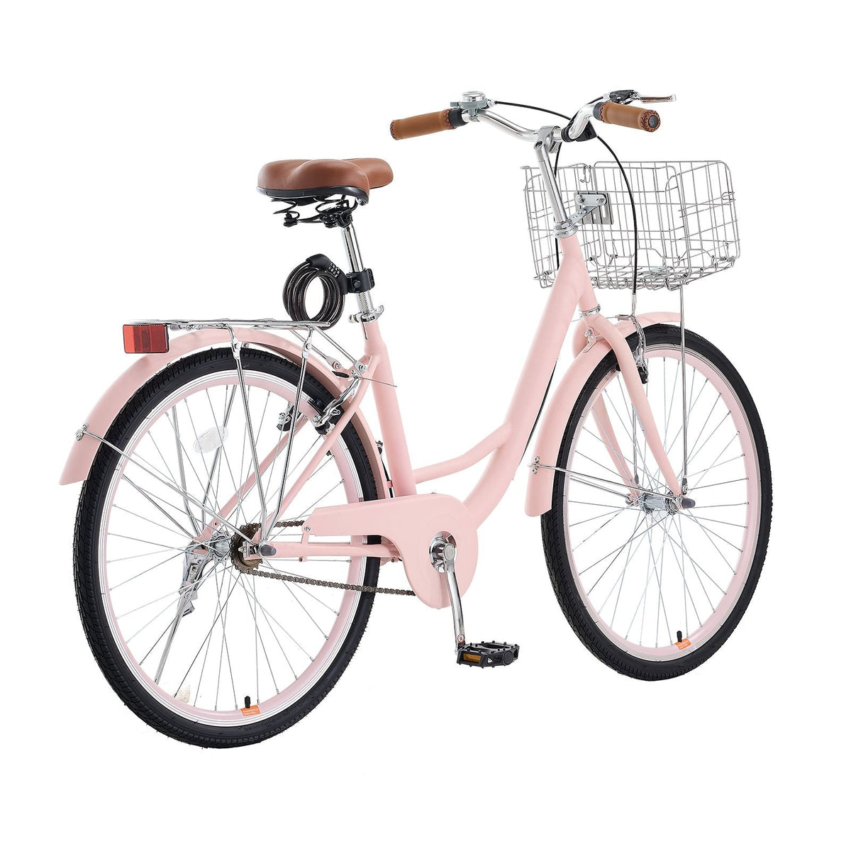 Cruiser Bike, 1-Speed, 26-Inch Pink Beach Cruiser Bike with Large Capacity Basket and Rear Rack, Secure & Sturdy Cruiser Bike with Adjustable Seat, Fits for Cycling, Exercise & Shopping