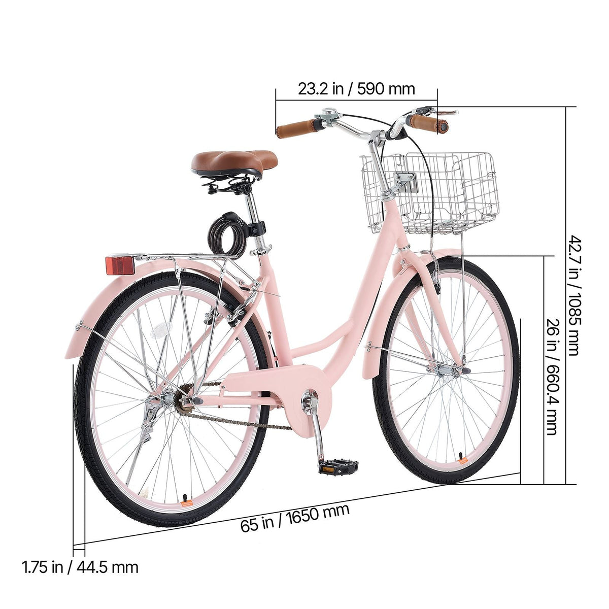Cruiser Bike, 1-Speed, 26-Inch Pink Beach Cruiser Bike with Large Capacity Basket and Rear Rack, Secure & Sturdy Cruiser Bike with Adjustable Seat, Fits for Cycling, Exercise & Shopping