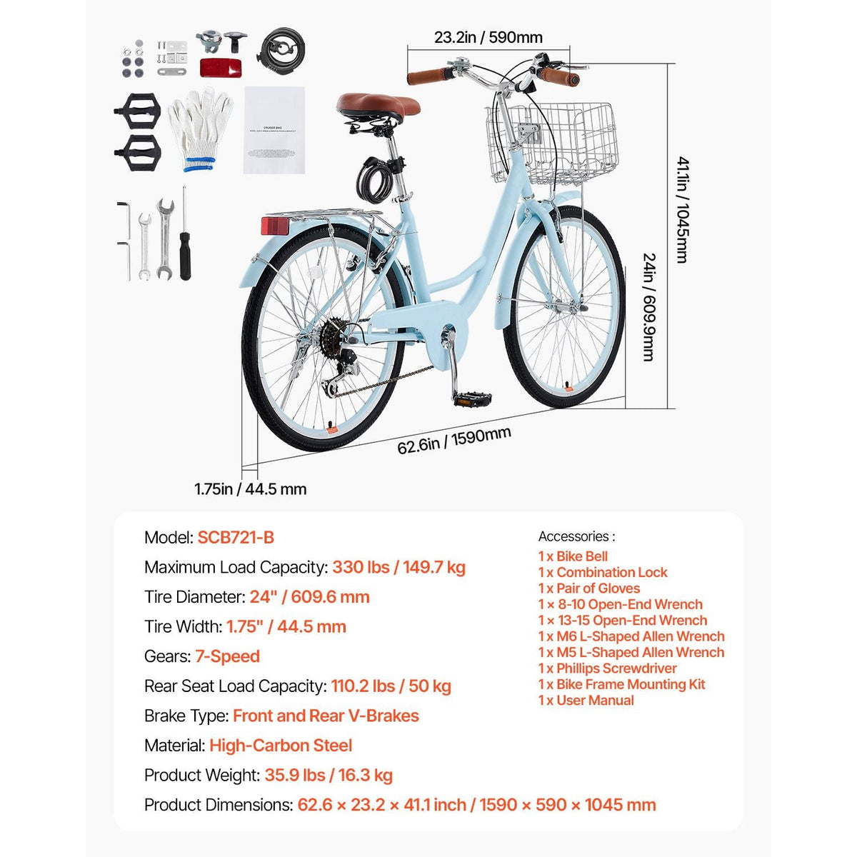 Cruiser Bike, 7-Speed, 24-Inch Light Blue Beach Cruiser Bike with Large Capacity Basket and Rear Rack, Secure & Sturdy Cruiser Bike with Adjustable Seat, Fits for Cycling, Exercise & Shopping