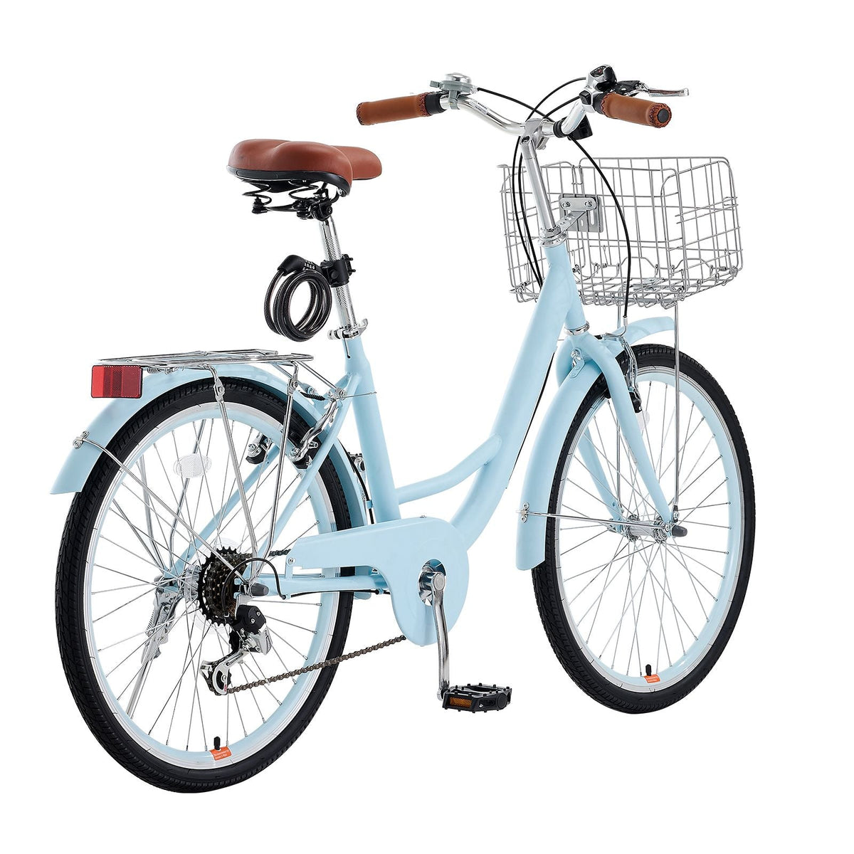 Cruiser Bike, 7-Speed, 24-Inch Light Blue Beach Cruiser Bike with Large Capacity Basket and Rear Rack, Secure & Sturdy Cruiser Bike with Adjustable Seat, Fits for Cycling, Exercise & Shopping