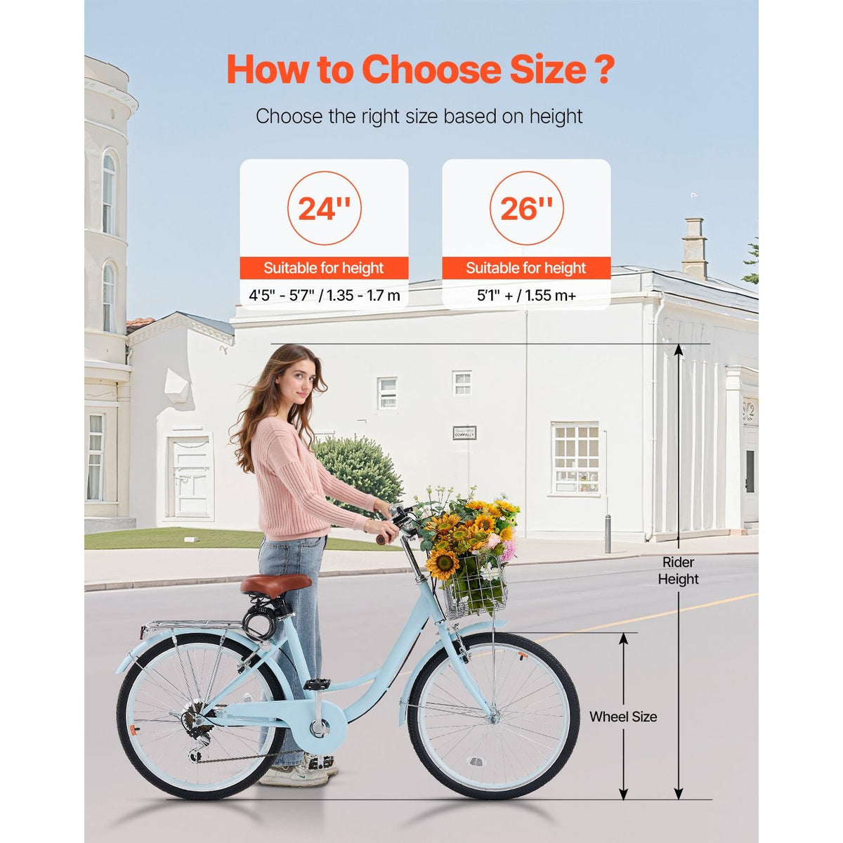 Cruiser Bike, 7-Speed, 24-Inch Light Blue Beach Cruiser Bike with Large Capacity Basket and Rear Rack, Secure & Sturdy Cruiser Bike with Adjustable Seat, Fits for Cycling, Exercise & Shopping