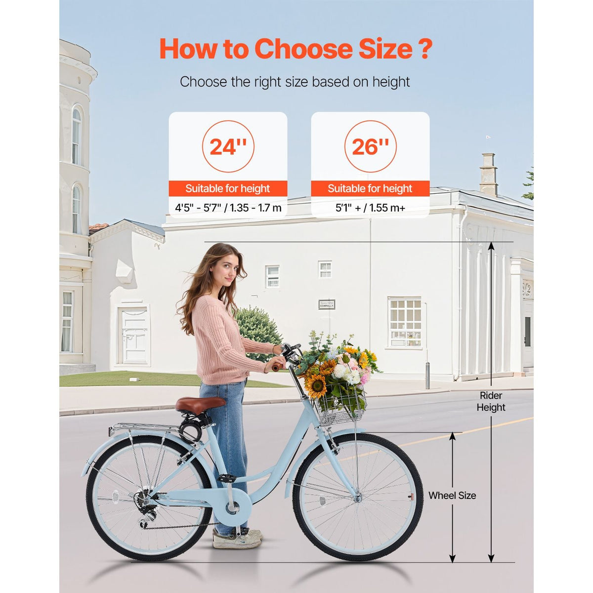 Cruiser Bike, 7-Speed, 26-Inch Light Blue Beach Cruiser Bike with Large Capacity Basket and Rear Rack, Secure & Sturdy Cruiser Bike with Adjustable Seat, Fits for Cycling, Exercise & Shopping