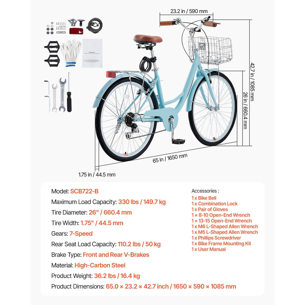 Cruiser Bike, 7-Speed, 26-Inch Light Blue Beach Cruiser Bike with Large Capacity Basket and Rear Rack, Secure & Sturdy Cruiser Bike with Adjustable Seat, Fits for Cycling, Exercise & Shopping