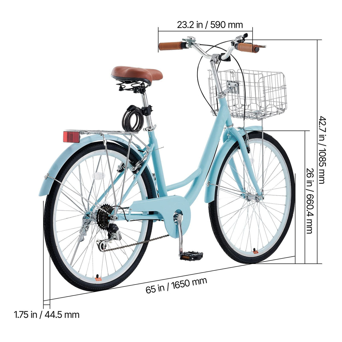 Cruiser Bike, 7-Speed, 26-Inch Light Blue Beach Cruiser Bike with Large Capacity Basket and Rear Rack, Secure & Sturdy Cruiser Bike with Adjustable Seat, Fits for Cycling, Exercise & Shopping