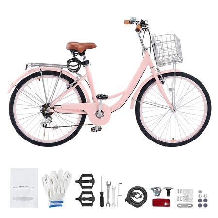 Cruiser Bike, 7-Speed, 26-Inch Pink Beach Cruiser Bike with Large Capacity Basket and Rear Rack, Secure & Sturdy Cruiser Bike with Adjustable Seat, Fits for Cycling, Exercise & Shopping