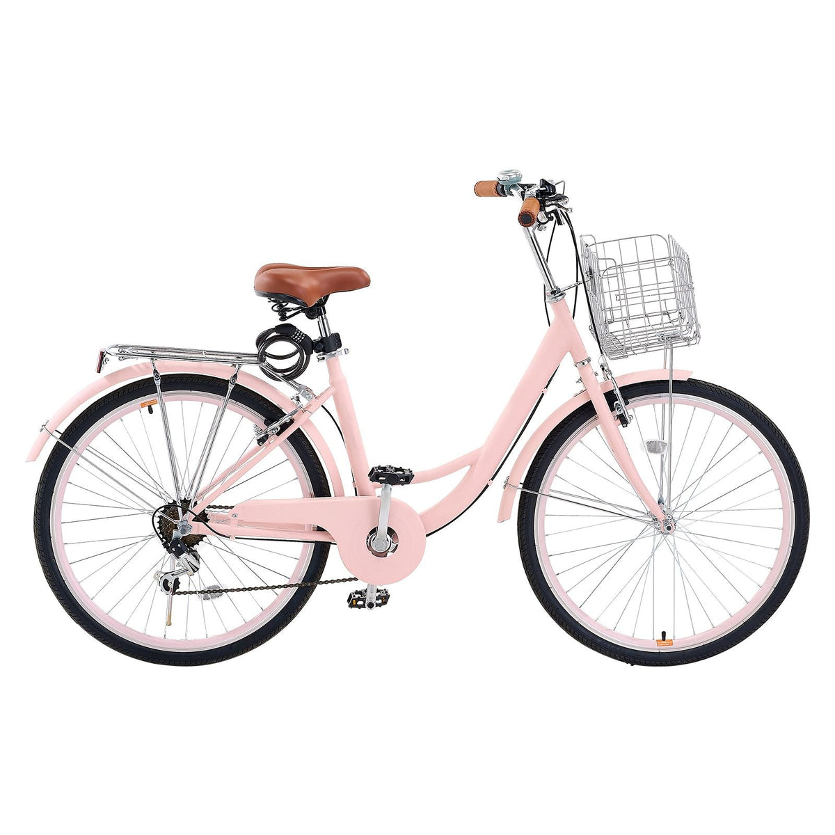 Cruiser Bike, 7-Speed, 26-Inch Pink Beach Cruiser Bike with Large Capacity Basket and Rear Rack, Secure & Sturdy Cruiser Bike with Adjustable Seat, Fits for Cycling, Exercise & Shopping