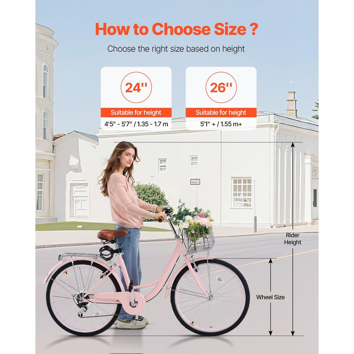 Cruiser Bike, 7-Speed, 26-Inch Pink Beach Cruiser Bike with Large Capacity Basket and Rear Rack, Secure & Sturdy Cruiser Bike with Adjustable Seat, Fits for Cycling, Exercise & Shopping