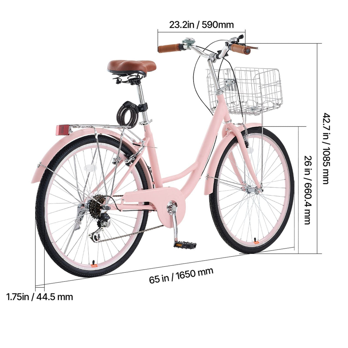 Cruiser Bike, 7-Speed, 26-Inch Pink Beach Cruiser Bike with Large Capacity Basket and Rear Rack, Secure & Sturdy Cruiser Bike with Adjustable Seat, Fits for Cycling, Exercise & Shopping