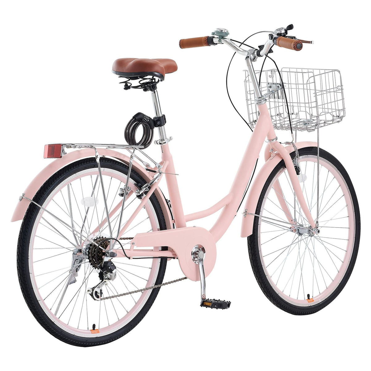 Cruiser Bike, 7-Speed, 26-Inch Pink Beach Cruiser Bike with Large Capacity Basket and Rear Rack, Secure & Sturdy Cruiser Bike with Adjustable Seat, Fits for Cycling, Exercise & Shopping