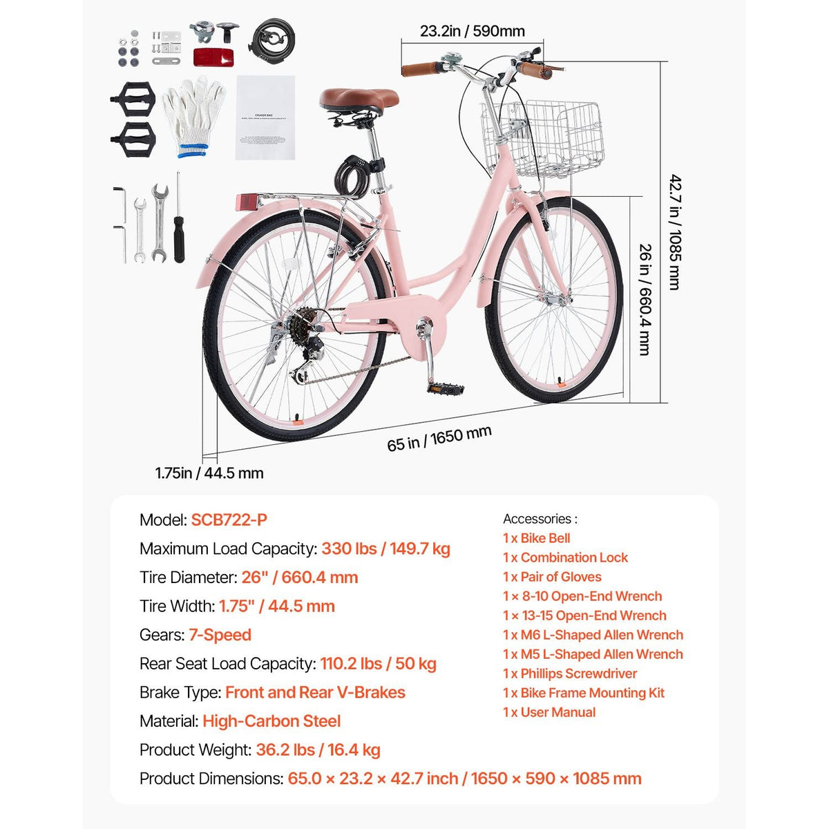Cruiser Bike, 7-Speed, 26-Inch Pink Beach Cruiser Bike with Large Capacity Basket and Rear Rack, Secure & Sturdy Cruiser Bike with Adjustable Seat, Fits for Cycling, Exercise & Shopping