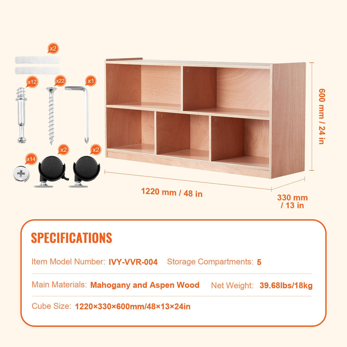 Cubby Mobile Tray Storage Cabinet, 5-Compartment Cubby Storage Shelf, Cubby Storage Cabinet 2-shelf, Classroom Cubbies, Classroom Furniture for Home, Daycare and Preschool, Natural