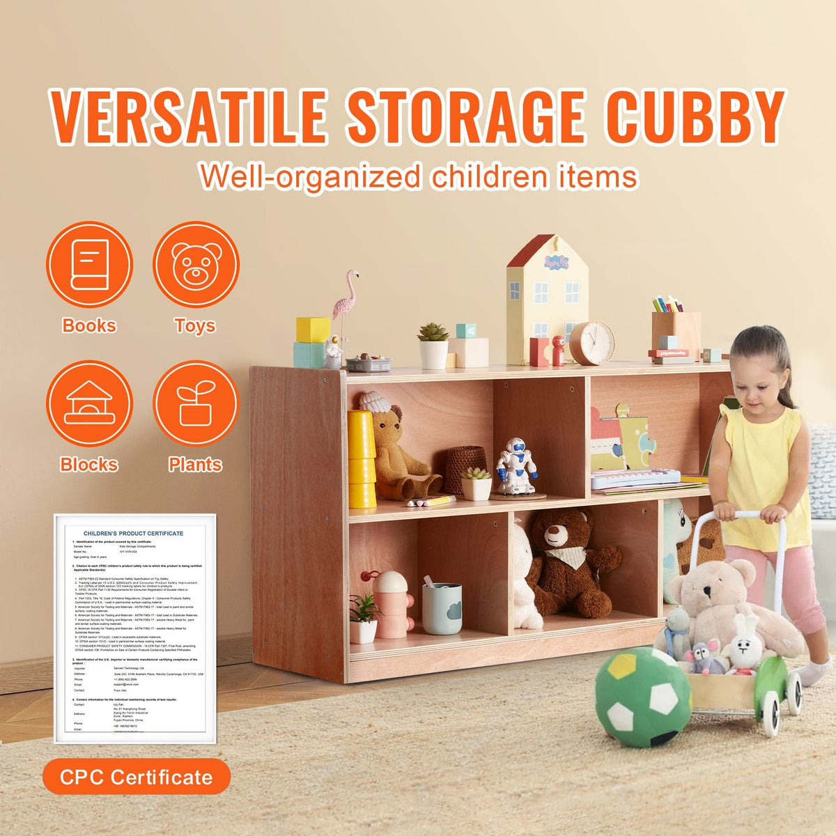 Cubby Mobile Tray Storage Cabinet, 5-Compartment Cubby Storage Shelf, Cubby Storage Cabinet 2-shelf, Classroom Cubbies, Classroom Furniture for Home, Daycare and Preschool, Natural