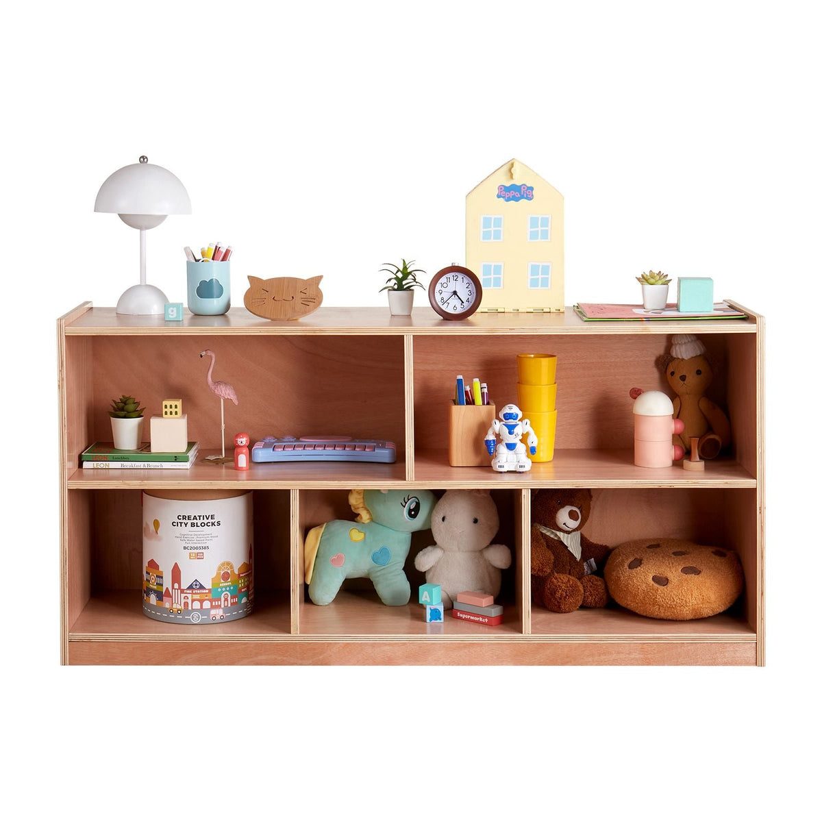 Cubby Mobile Tray Storage Cabinet, 5-Compartment Cubby Storage Shelf, Cubby Storage Cabinet 2-shelf, Classroom Cubbies, Classroom Furniture for Home, Daycare and Preschool, Natural