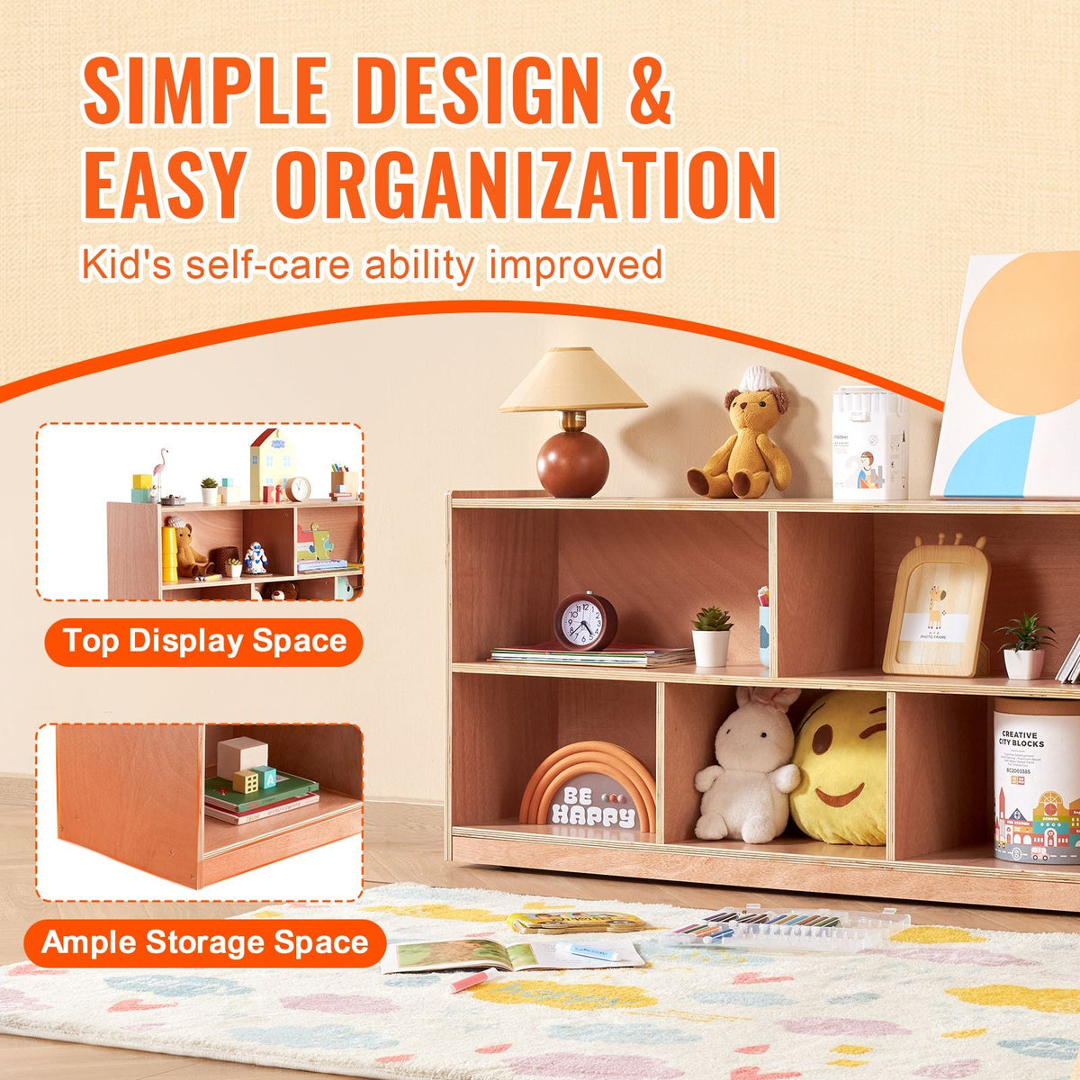 Cubby Mobile Tray Storage Cabinet, 5-Compartment Cubby Storage Shelf, Cubby Storage Cabinet 2-shelf, Classroom Cubbies, Classroom Furniture for Home, Daycare and Preschool, Natural