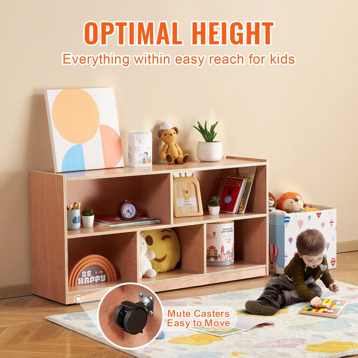 Cubby Mobile Tray Storage Cabinet, 5-Compartment Cubby Storage Shelf, Cubby Storage Cabinet 2-shelf, Classroom Cubbies, Classroom Furniture for Home, Daycare and Preschool, Natural