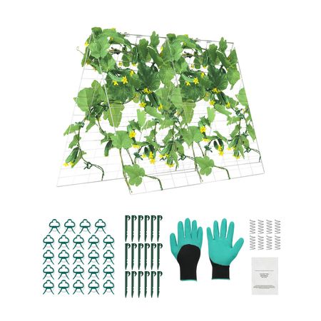 Cucumber Trellis for Climbing Plants, 35" x 55" Foldable Cucumber Trellis Set with Plant Clips, Metal Garden Trellis for Raised Bed, Outdoor Plant Grow Support for Tomato, Squash, Vegetable
