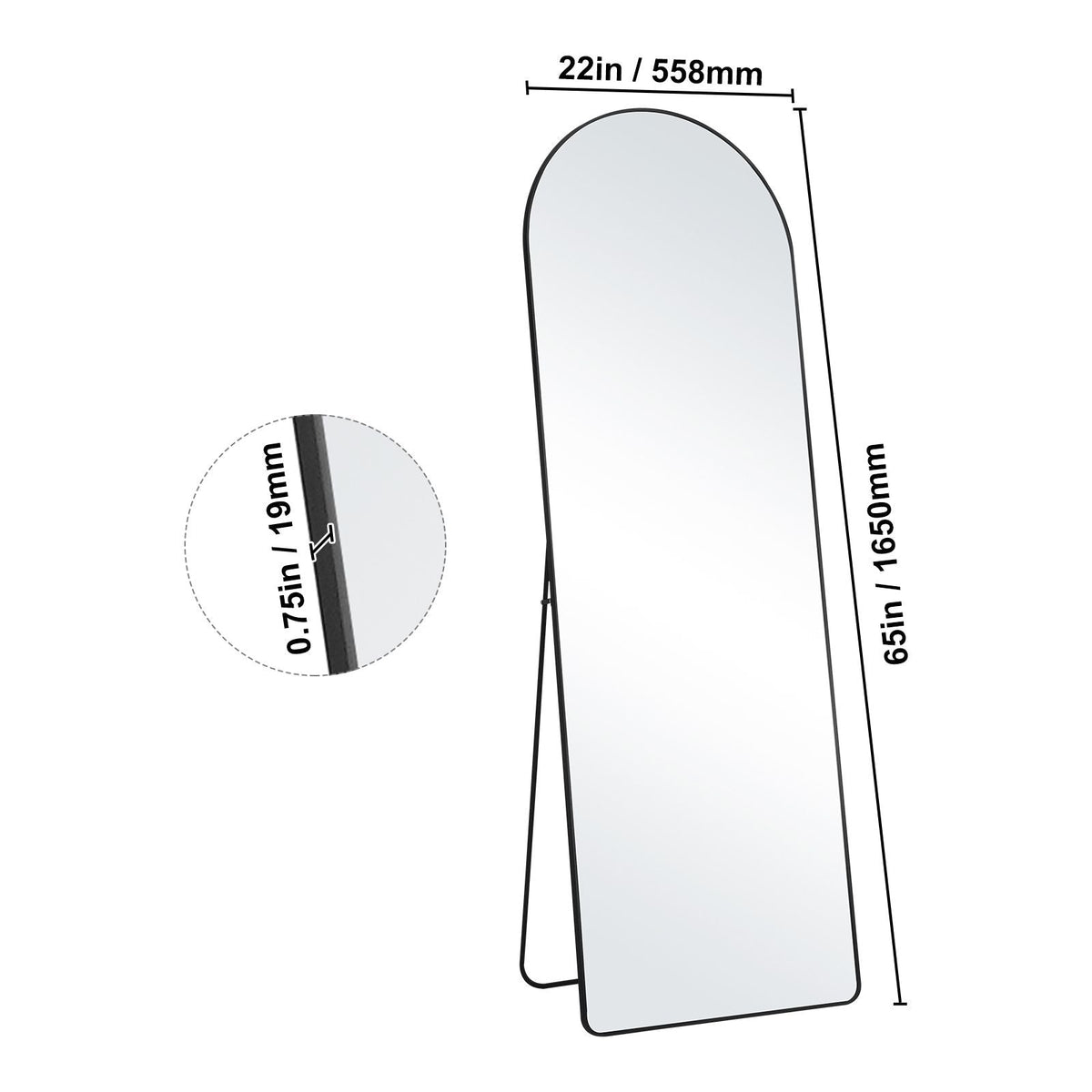 Curved Tall Mirror, 65'' x 22'', Spacious Standalone or Wall Mount Reflective Surface with Aluminum Frame, Comprehensive View Dress Mirror for Bedroom or Living Space, Black