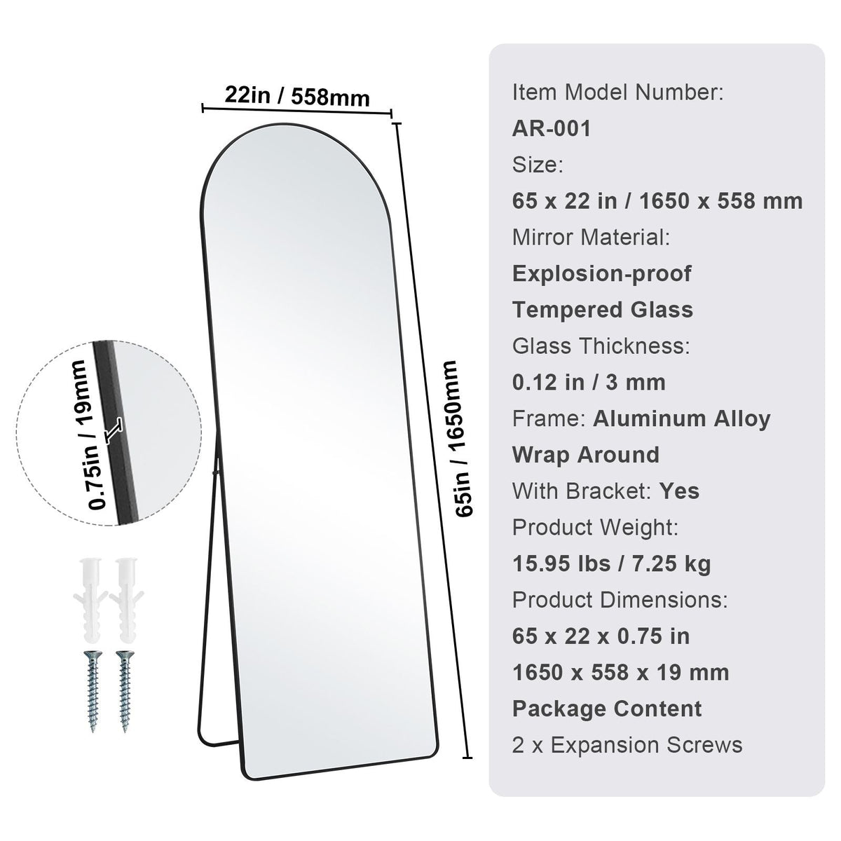 Curved Tall Mirror, 65'' x 22'', Spacious Standalone or Wall Mount Reflective Surface with Aluminum Frame, Comprehensive View Dress Mirror for Bedroom or Living Space, Black