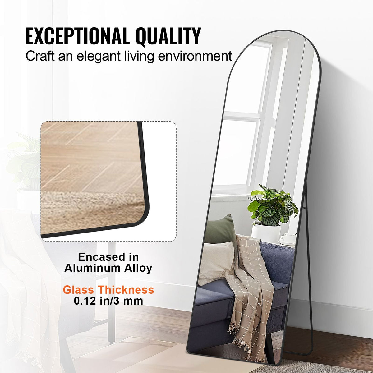 Curved Tall Mirror, 65'' x 22'', Spacious Standalone or Wall Mount Reflective Surface with Aluminum Frame, Comprehensive View Dress Mirror for Bedroom or Living Space, Black