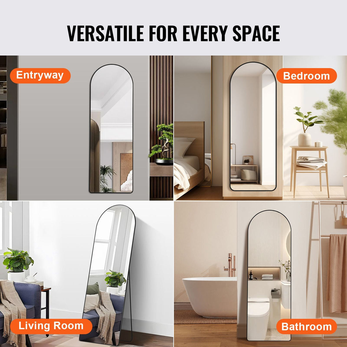 Curved Tall Mirror, 65'' x 22'', Spacious Standalone or Wall Mount Reflective Surface with Aluminum Frame, Comprehensive View Dress Mirror for Bedroom or Living Space, Black