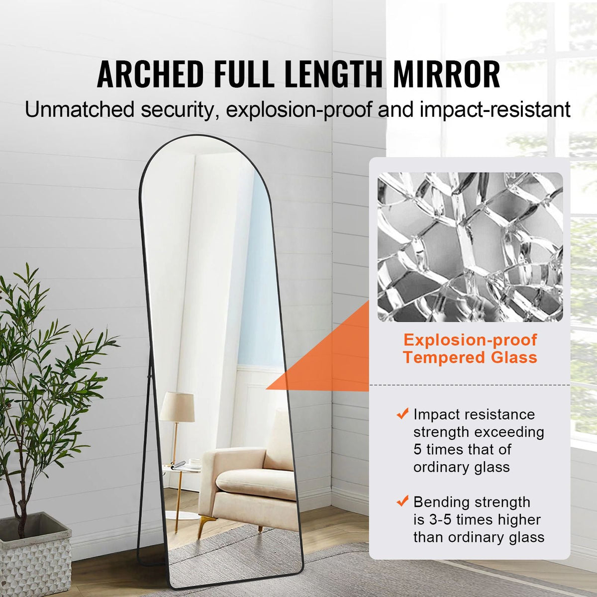 Curved Tall Mirror, 65'' x 22'', Spacious Standalone or Wall Mount Reflective Surface with Aluminum Frame, Comprehensive View Dress Mirror for Bedroom or Living Space, Black