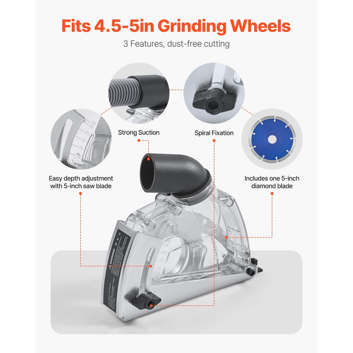 Cutting Dust Shroud for Angle Grinders, Universal 4-5 in Angle Grinder Dust Shroud with 6 Clamping Washers & 5 in Diamond Grinding Cup Wheel, Adjustable Cutting Depth, Connect to Vacuum Cleaner