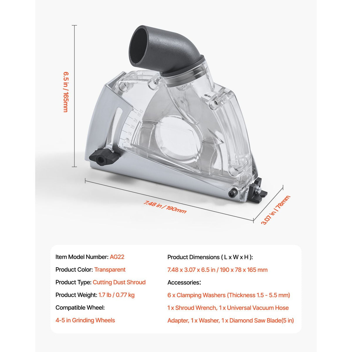 Cutting Dust Shroud for Angle Grinders, Universal 4-5 in Angle Grinder Dust Shroud with 6 Clamping Washers & 5 in Diamond Grinding Cup Wheel, Adjustable Cutting Depth, Connect to Vacuum Cleaner