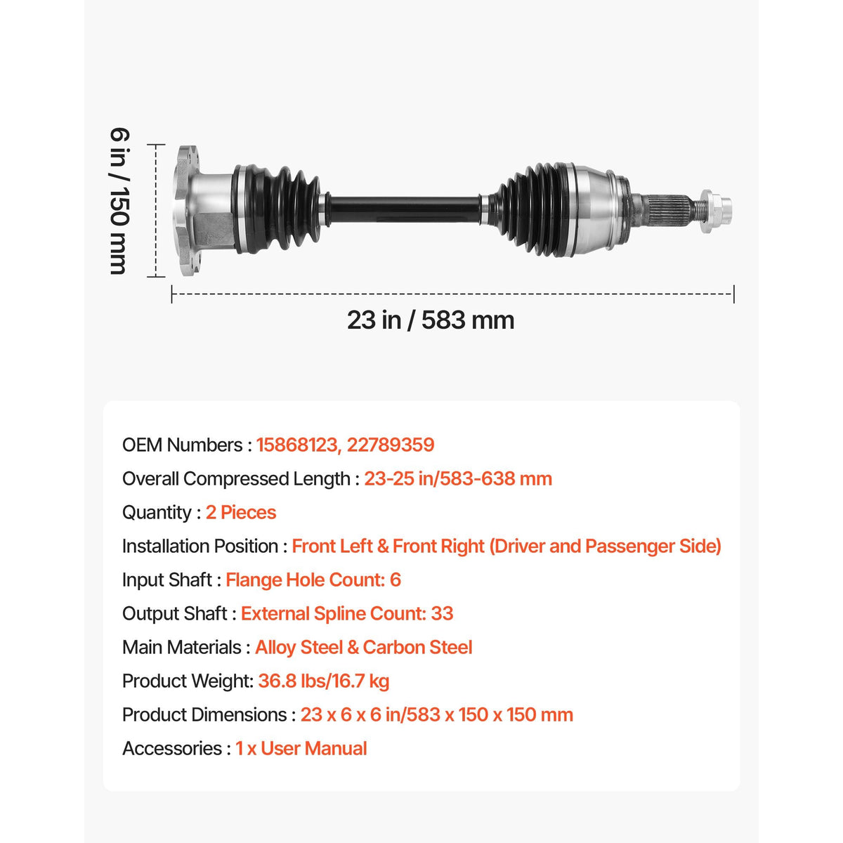 CV Axle Shaft Assembly, 2 Pieces Front Left & Right (Driver and Passenger Side), Automotive Replacement CV Axles Pair Compatible with 2007-2020 Cadillac Escalade, Alloy Steel & Carbon Steel