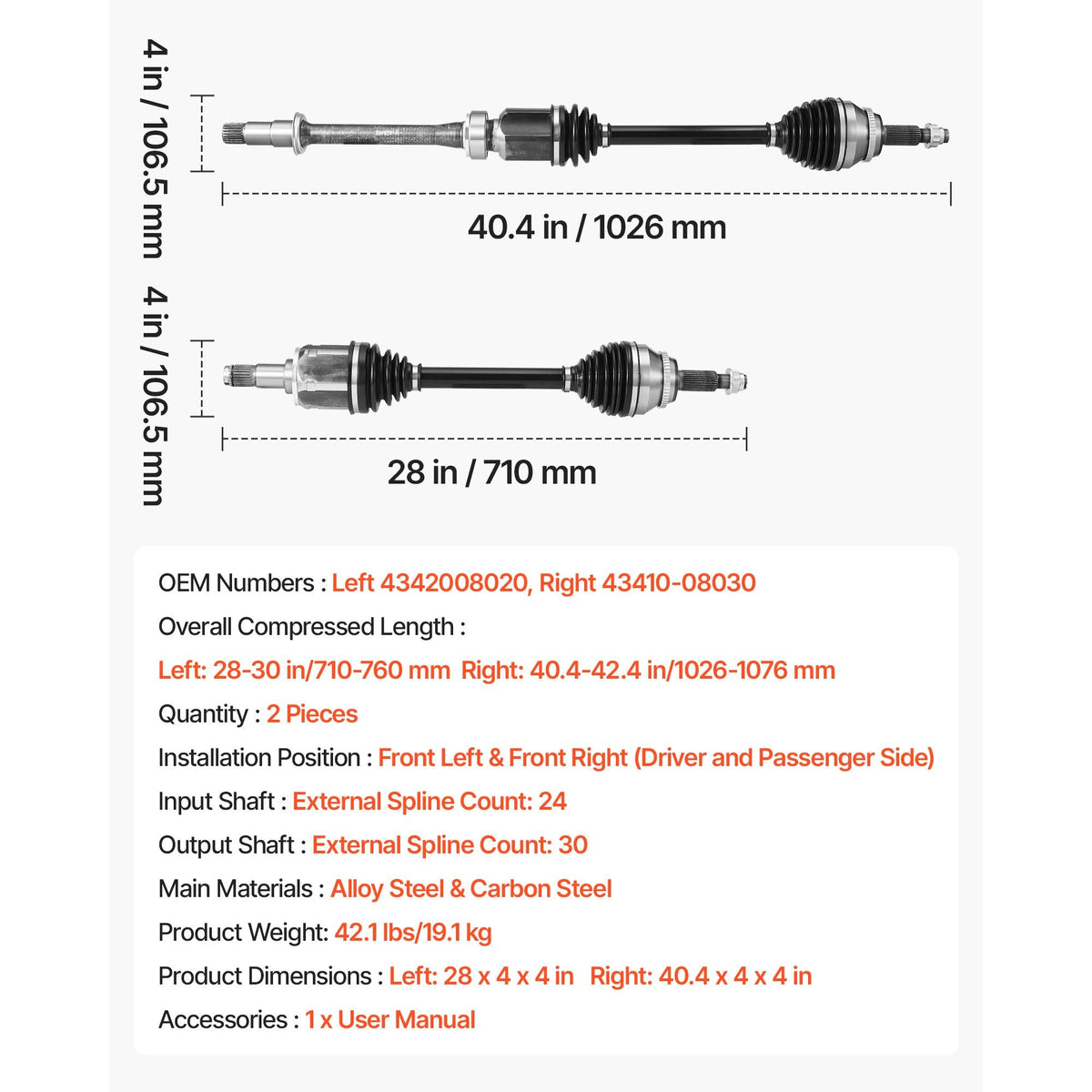 CV Axle Shaft Assembly, 2 Pieces Front Left & Right (Driver and Passenger Side), Automotive Replacement CV Joint Axles Pair Compatible with 2004-2010 Toyota Sienna, Alloy Steel & Carbon Steel