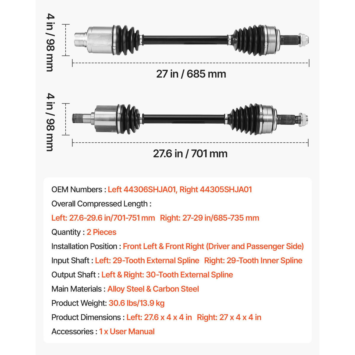 CV Axle Shaft Assembly, 2 Pieces Front Left & Right (Driver and Passenger Side), Automotive Replacement CV Joint Axles Pair Compatible with 2005-2006 Honda Odyssey, Alloy Steel & Carbon Steel