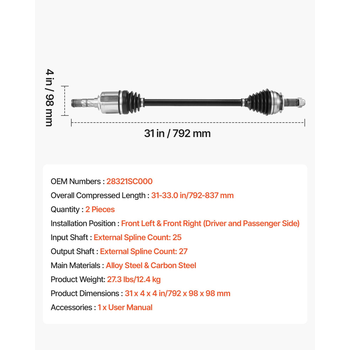 CV Axle Shaft Assembly, 2 Pieces Front Left & Right (Driver and Passenger Side), Automotive Replacement CV Joint Axles Pair Compatible with 2009-2013 Forester, Alloy Steel & Carbon Steel
