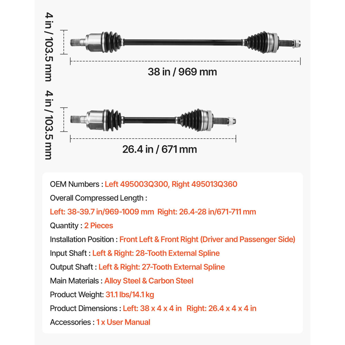 CV Axle Shaft Assembly, 2 Pieces Front Left & Right (Driver and Passenger Side), Automotive Replacement CV Joint Axles Pair Compatible with 2011-2014 Hyundai Sonata, Alloy Steel & Carbon Steel