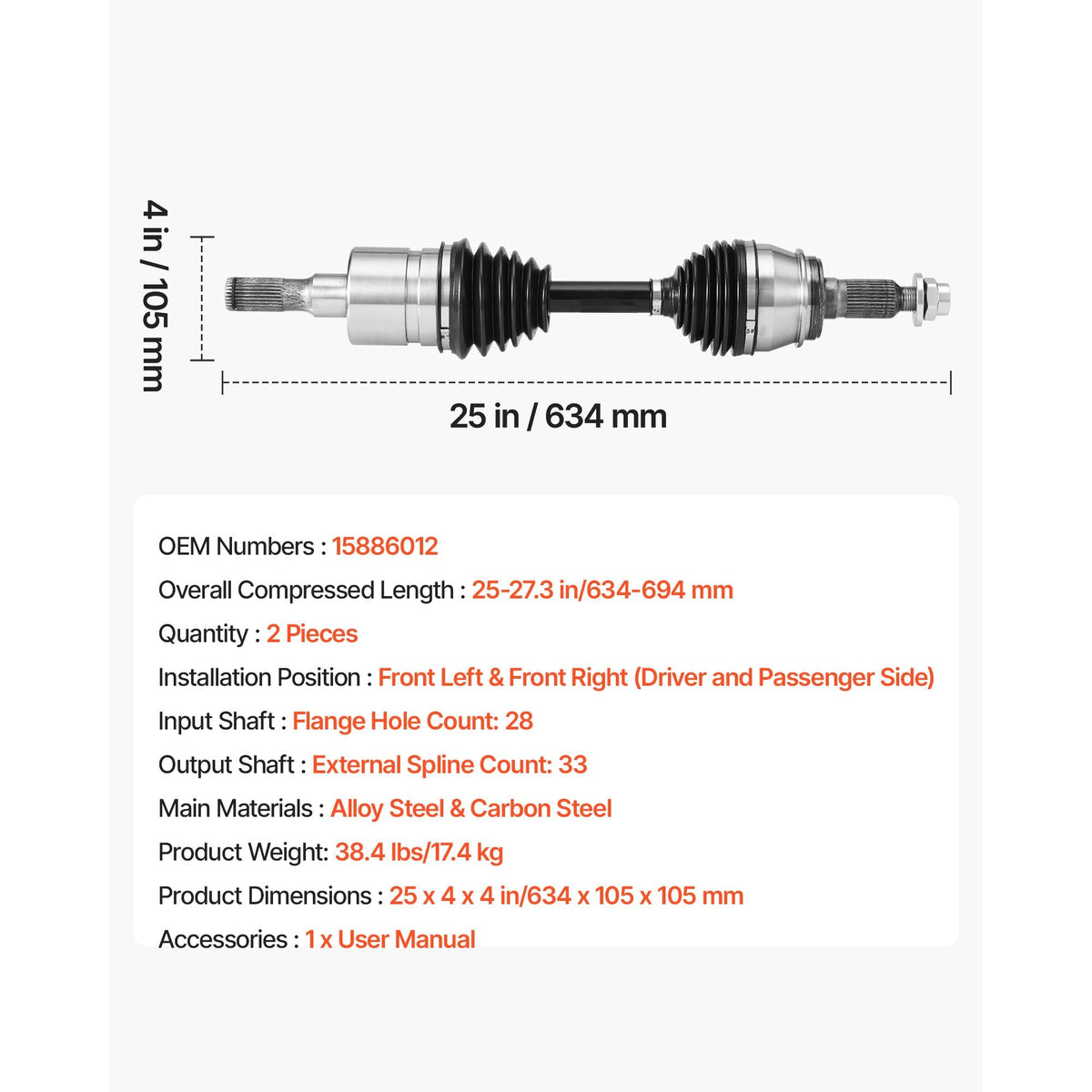 CV Axle Shaft Assembly, 2 Pieces Front Left & Right Side (Driver and Passenger Side), Automotive Replacement CV Joint Axles Pair Compatible with 2006-2010 Hummer H3, Alloy Steel & Carbon Steel