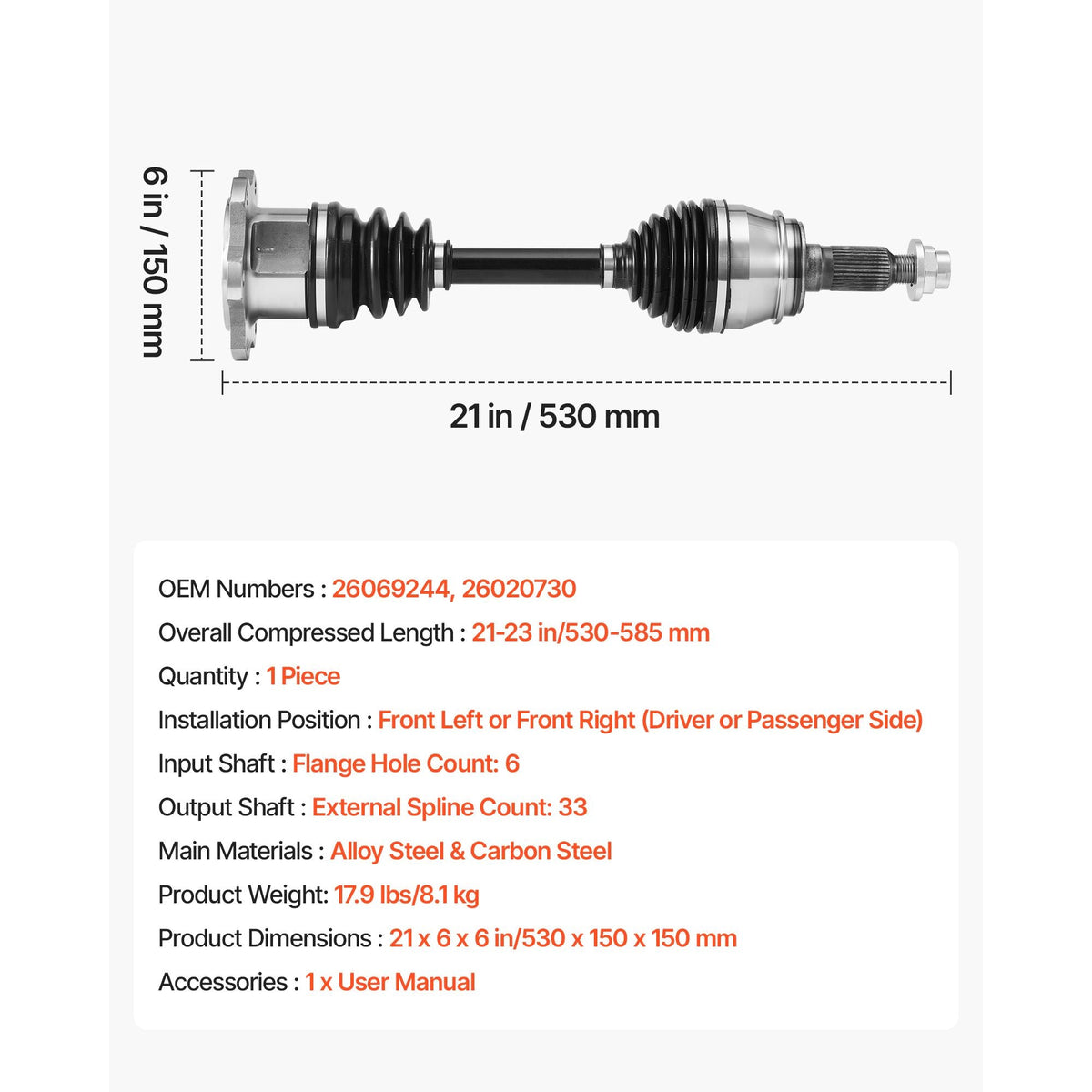 CV Axle Shaft Assembly, Front Left or Right Side (Driver or Passenger Side), Automotive Replacement CV Joint Axle Compatible with 1999-2006 Chevrolet Silverado 1500, Alloy Steel & Carbon Steel