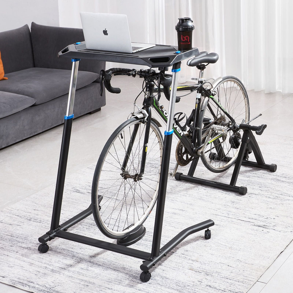 Cycling Desk, Mobile Foldable Multi-Functional Bike Trainer & Treadmill Desk with Lockable Wheels, Non-Slip Multi-Slot Bike Trainer Fitness Desk with Handle Bar, Fit for Home Office Exercise