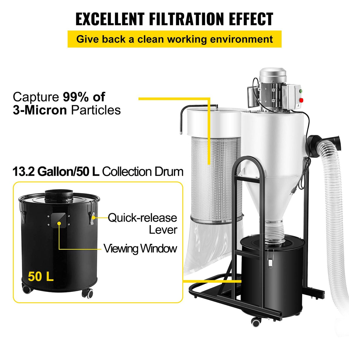 Cyclone Dust Collector Woodworking Dust Collector 2HP 220V Heavy Duty