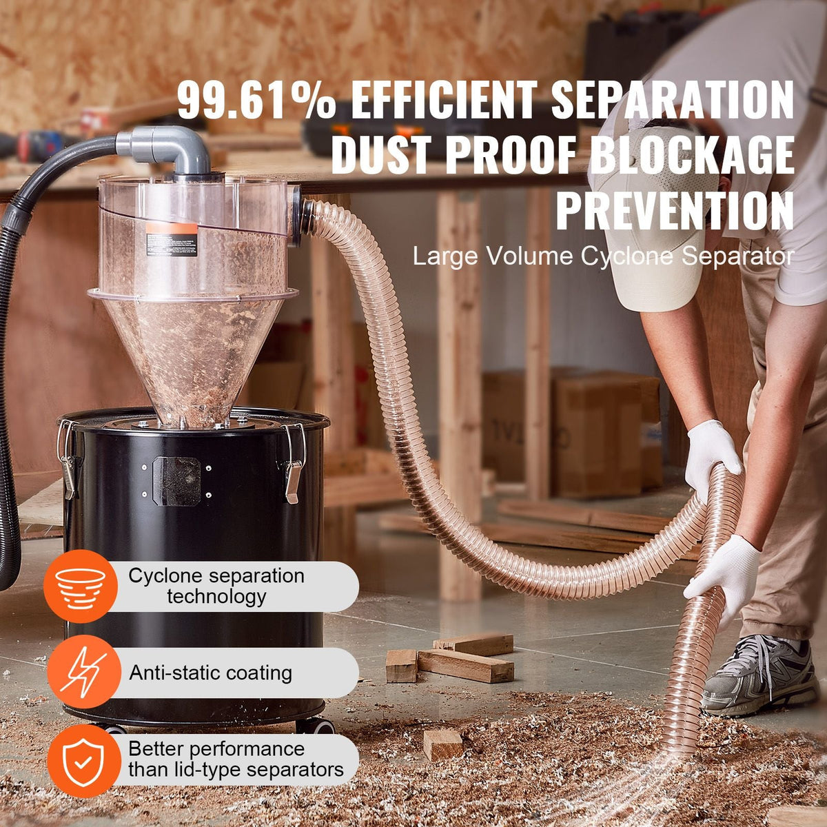 Cyclone Dust Separator, 4" Retrofit Cyclone Separator for Dust Collectors, ABS Dust Deputy With 2" Hole O.D. Connector & Hose for Wet/Dry Shop Vacuums, Fits 5-10 Gallon Tank (Tank Exclude)