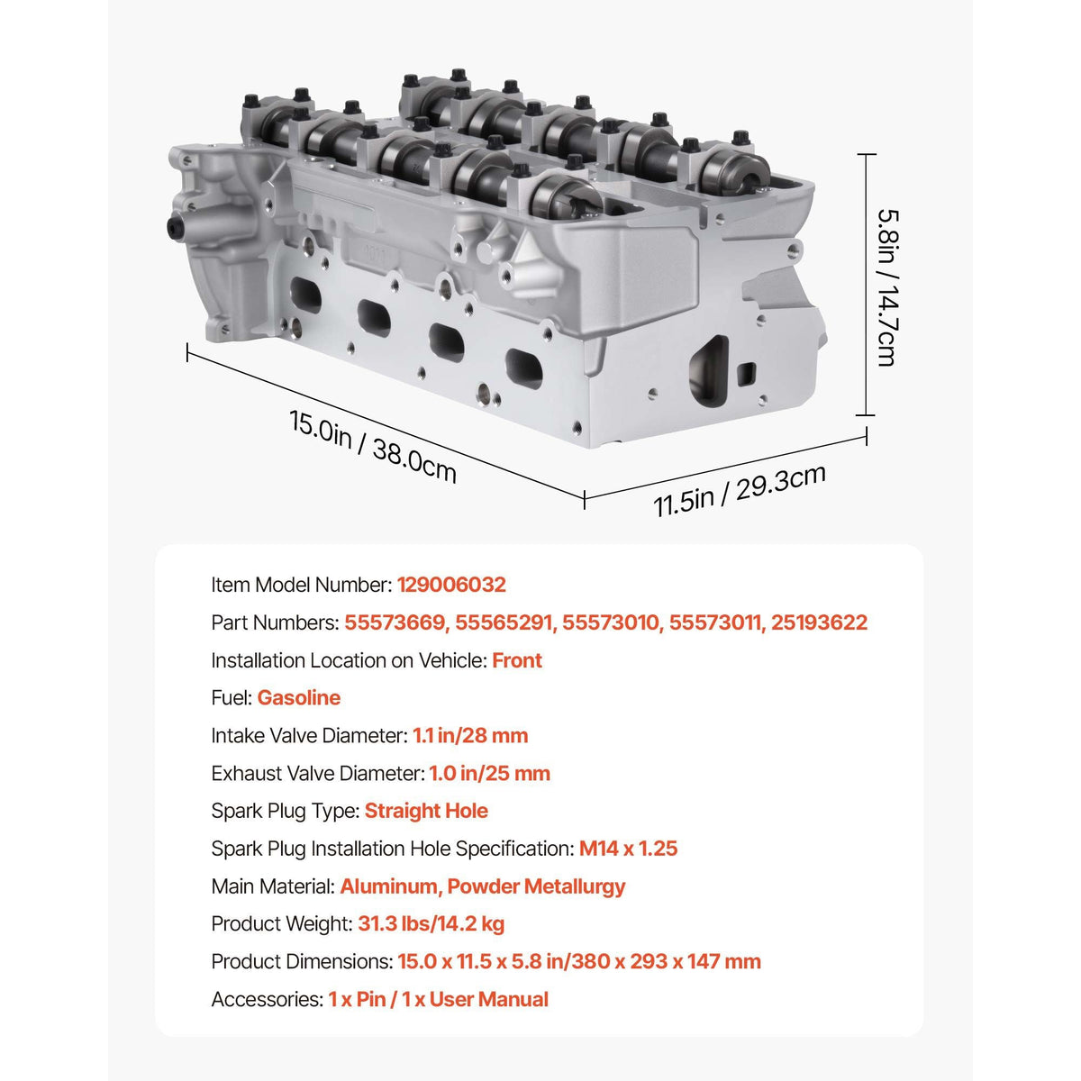 Cylinder Head Assembly for 2011-2019 Chevy Cruze Sonic Trax 1.4L Turbo, 2013-2019 Buick Encore 4 Cyl 1.4L, Complete Engine Cylinder Head Assembly Replaces 55573669, 55565291, 55573010, 55573011